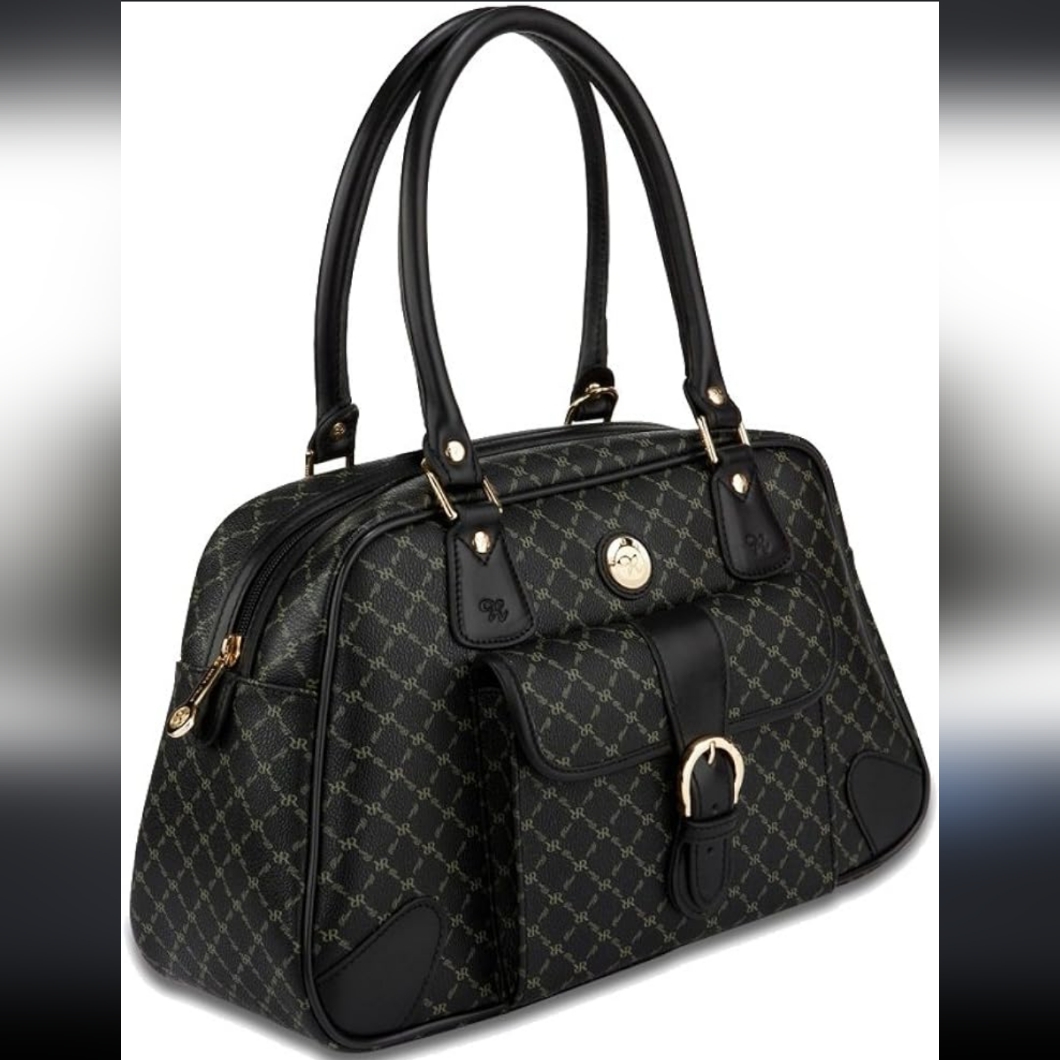Rioni Signature Satchel Handbag Black Monogram Print Design Italian I4